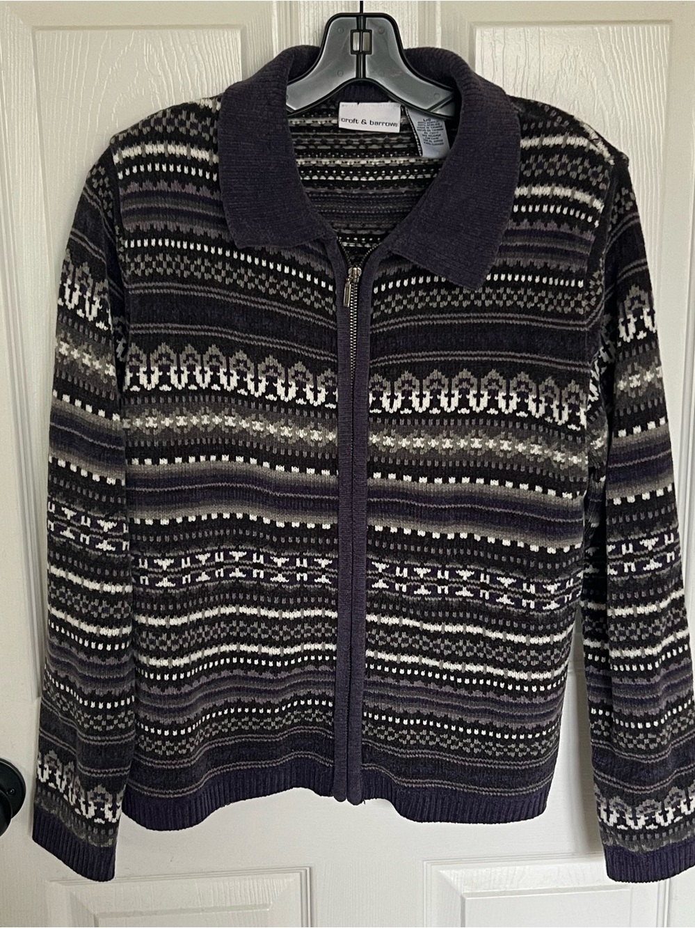 Vintage Croft & Barrow Fair Isle Zip Up Chenille Sweater Purple Gray Gorpcore M